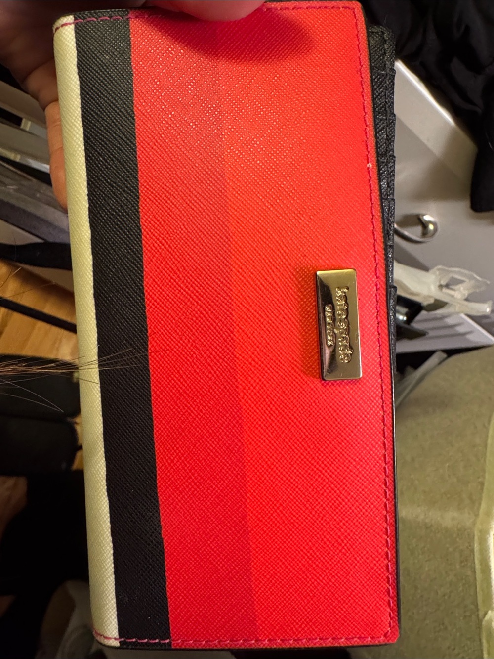kate spade Coral and Black Striped Continental Wallet